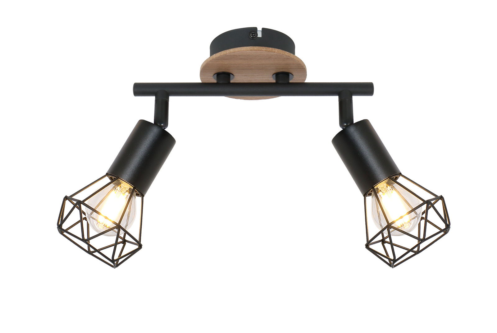 Zweiflammiger Strahler XARA I mit schwarzem Metall und Holzdetails, seitliche Perspektive