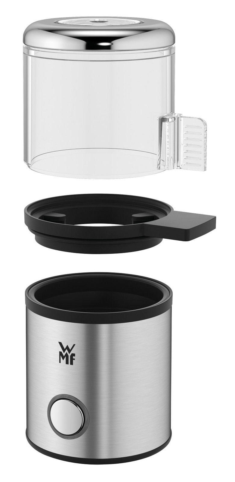 Eierkocher MyEgg Küchenminis in Edelstahloptik, zerlegt in drei Teile, aus seitlicher Perspektive.