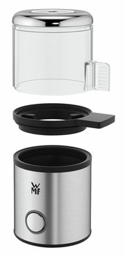 Eierkocher MyEgg Küchenminis in Edelstahloptik, zerlegt in drei Teile, aus seitlicher Perspektive.