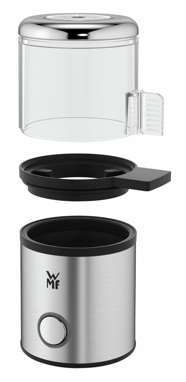 Eierkocher MyEgg Küchenminis in Edelstahloptik, zerlegt in drei Teile, aus seitlicher Perspektive.