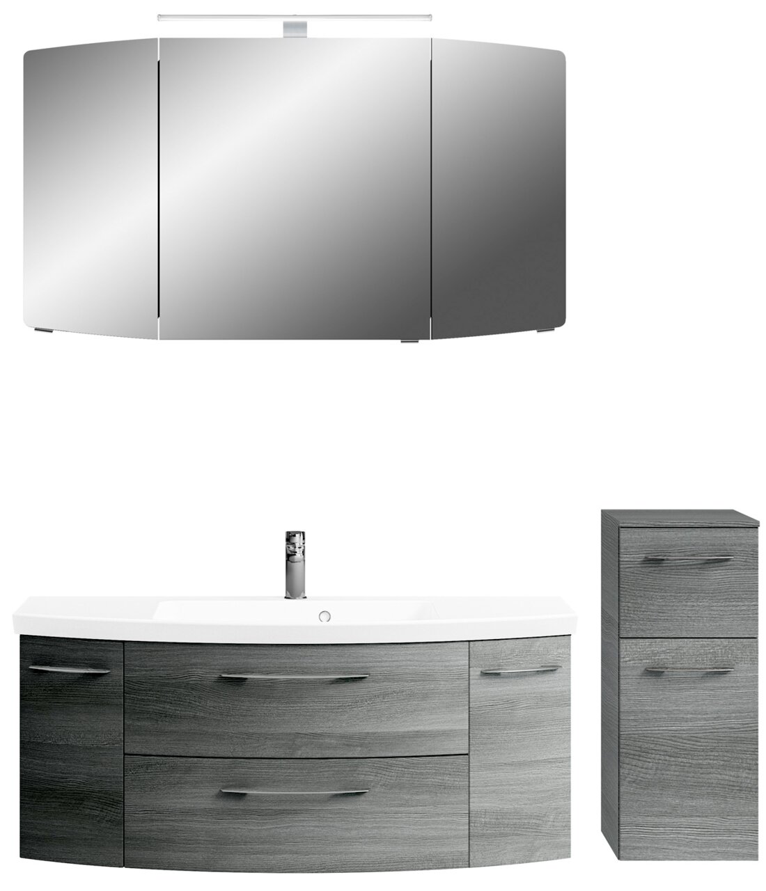 Moderne Badkombination mit Spiegelschrank, Waschbeckenunterschrank und Hochschrank in grauer Holzoptik, Frontalansicht