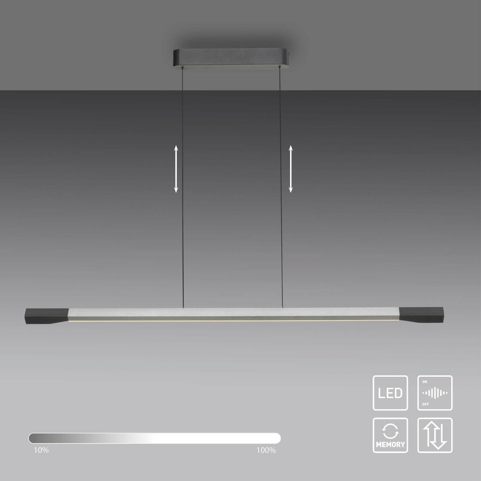 Moderne LED-Pendelleuchte in Seitenansicht mit dimmbarer Helligkeit und Höhenverstellung.