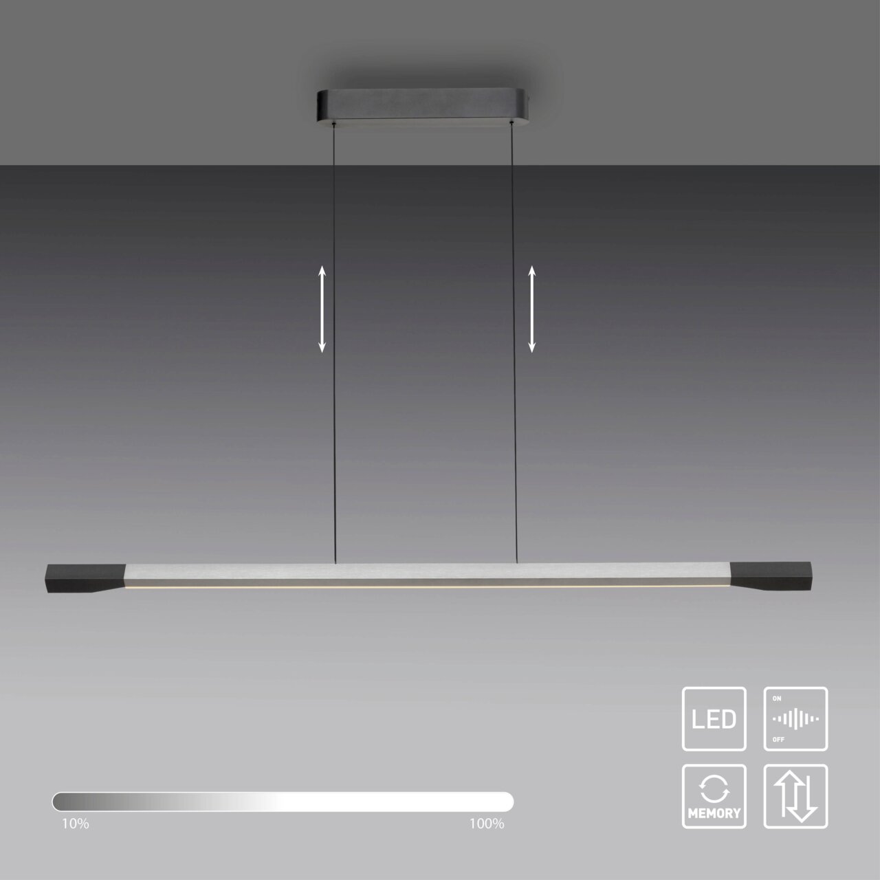Moderne LED-Pendelleuchte in Seitenansicht mit dimmbarer Helligkeit und Höhenverstellung.