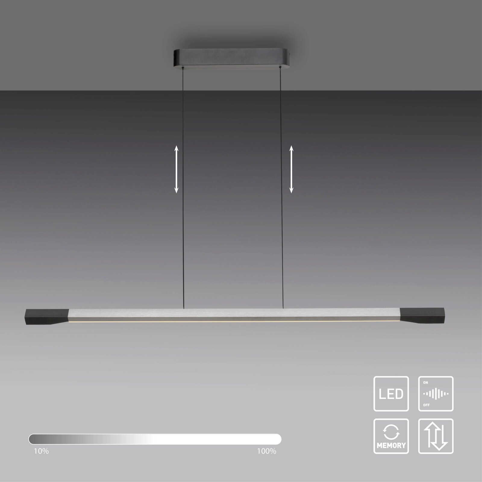 Moderne LED-Pendelleuchte in Seitenansicht mit dimmbarer Helligkeit und Höhenverstellung.