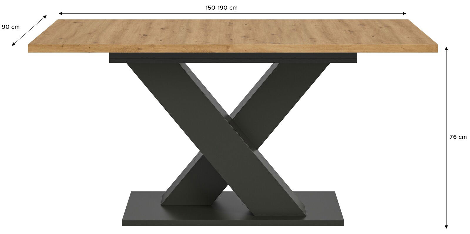 Moderner Esstisch mit Holztischplatte und schwarzem X-förmigem Metallgestell, seitliche Perspektive