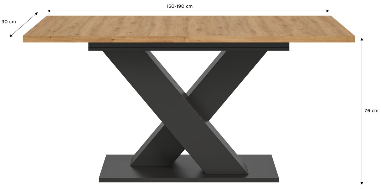 Moderner Esstisch mit Holztischplatte und schwarzem X-förmigem Metallgestell, seitliche Perspektive