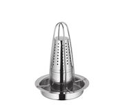 Hähnchengriller aus Edelstahl mit konischer Form und Löchern, seitliche Perspektive