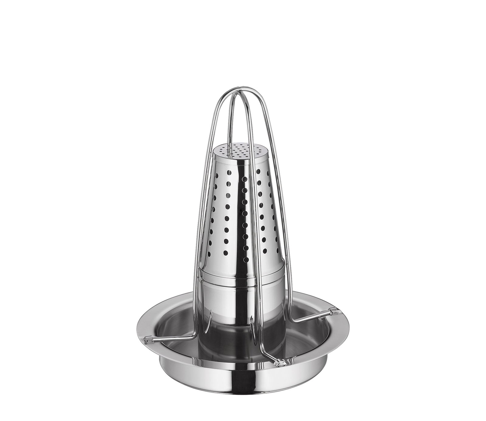 Hähnchengriller aus Edelstahl mit konischer Form und Löchern, seitliche Perspektive