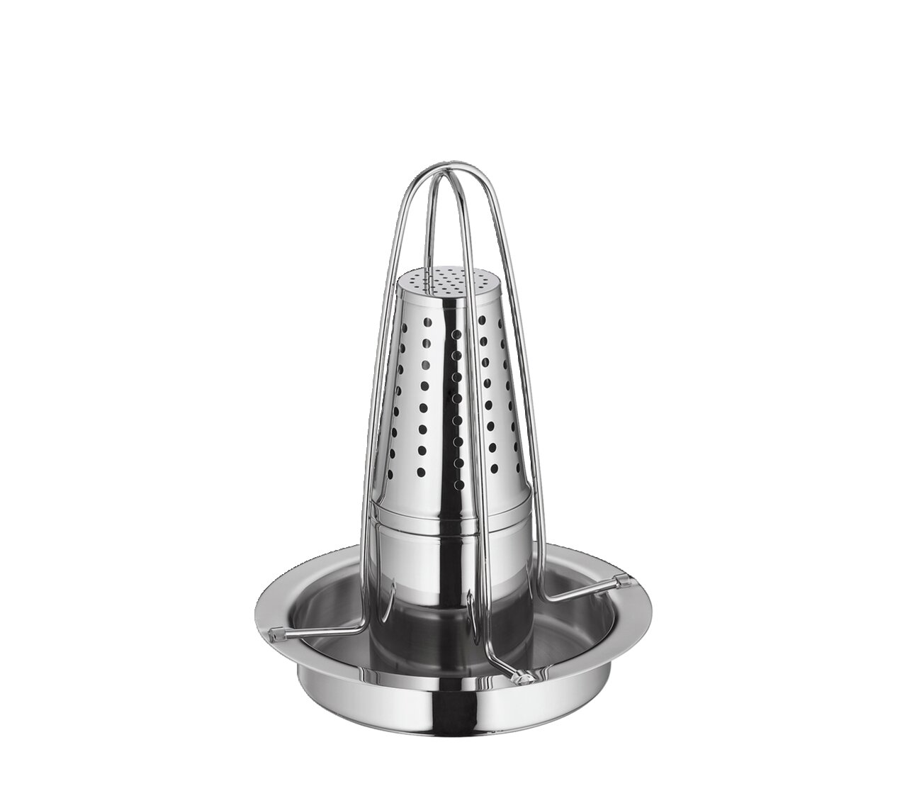 Hähnchengriller aus Edelstahl mit konischer Form und Löchern, seitliche Perspektive