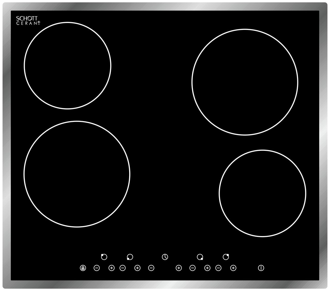 Schwarzes Glaskeramik-Kochfeld mit vier Kochzonen und Touch-Bedienfeld, Draufsicht
