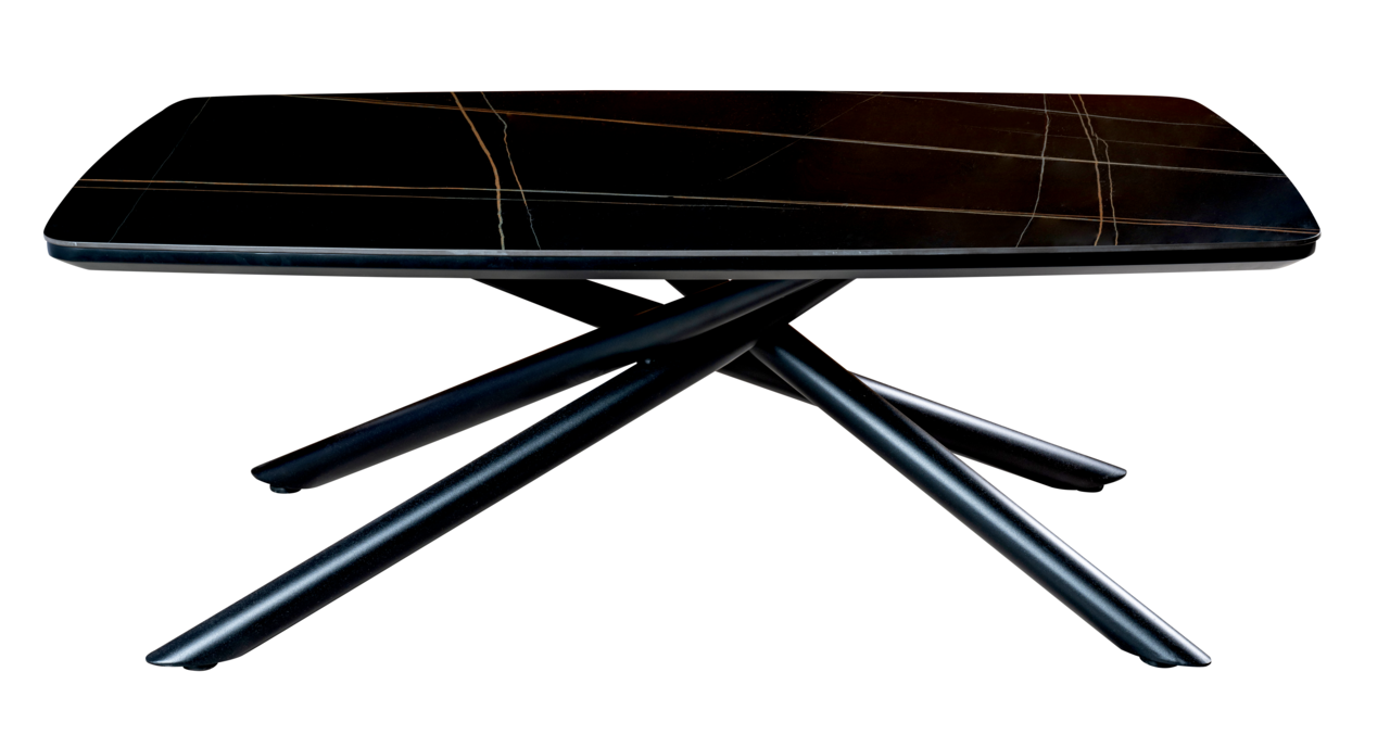 Moderner Couchtisch mit schwarzer Marmoroptik und gekreuzten Metallbeinen, seitliche Perspektive.