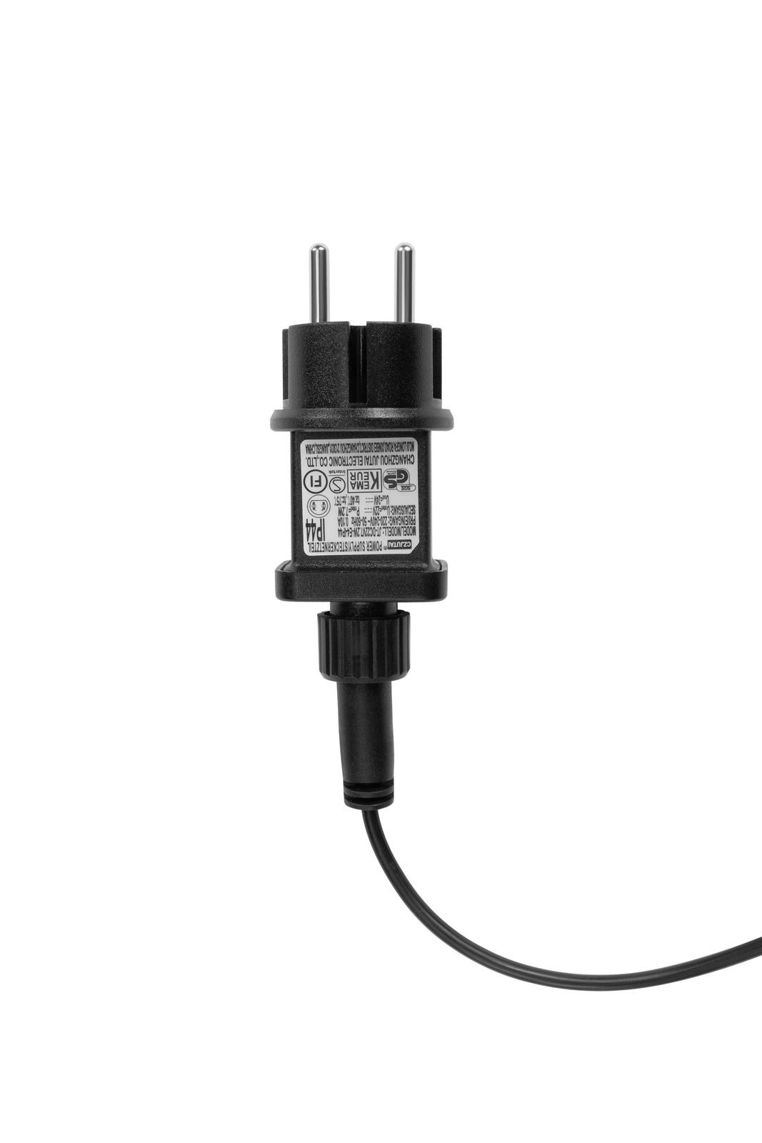 Nahaufnahme eines schwarzen Steckers mit Kabel, frontal betrachtet.