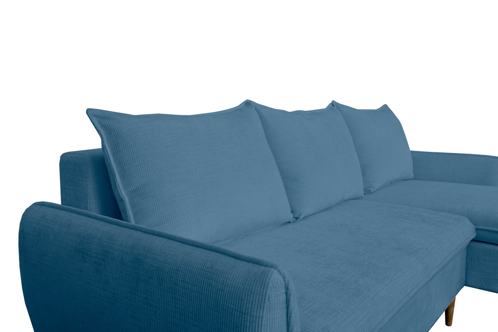 Blaue Rundecke mit weichen Kissen, seitliche Perspektive