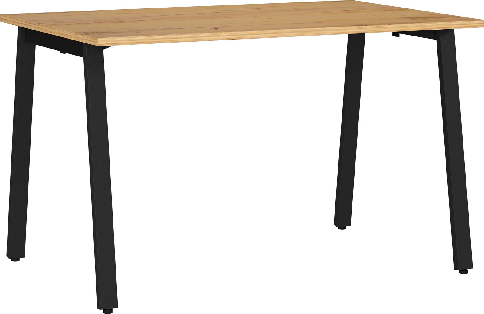 Rechteckiger Esstisch mit heller Holzplatte und schwarzen, leicht schräg stehenden Metallbeinen, freigestellt auf weißem Hintergrund, in schräger Frontansicht von oben.