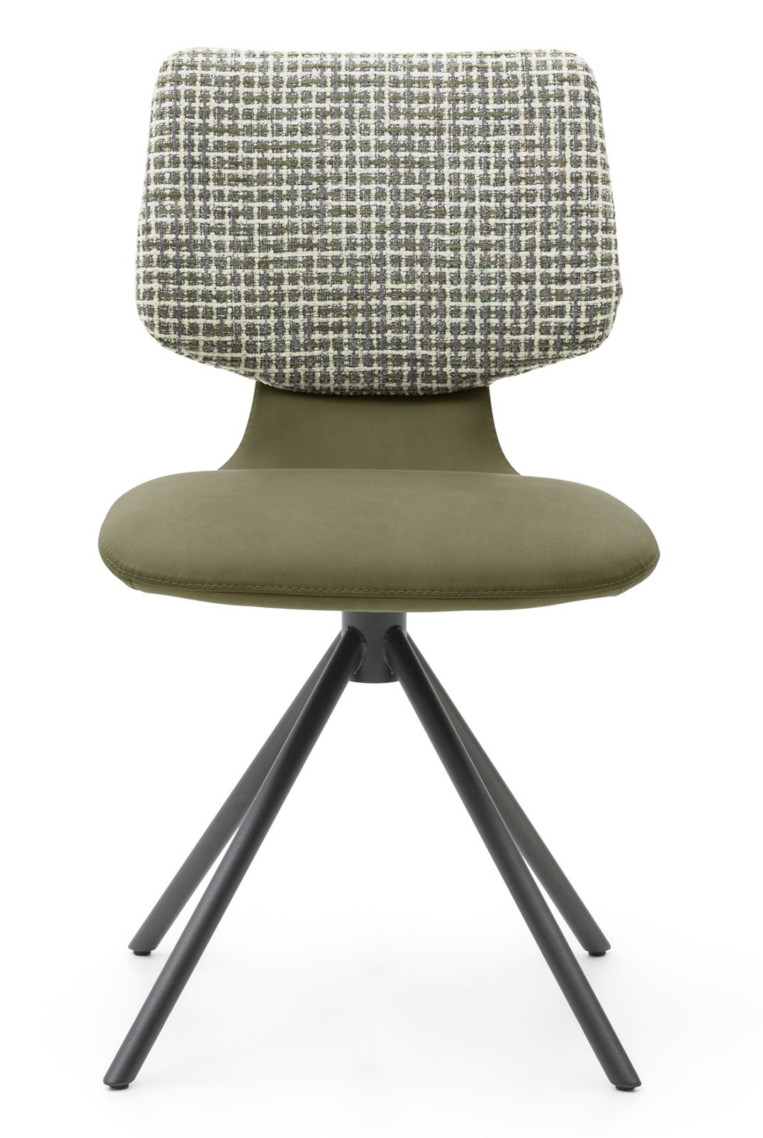 Moderner Stuhl mit gepolsterter Sitzfläche in Olivgrün und gemustertem Rückenlehnenbezug, aus der Frontalperspektive.