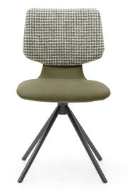 Moderner Stuhl mit gepolsterter Sitzfläche in Olivgrün und gemustertem Rückenlehnenbezug, aus der Frontalperspektive.