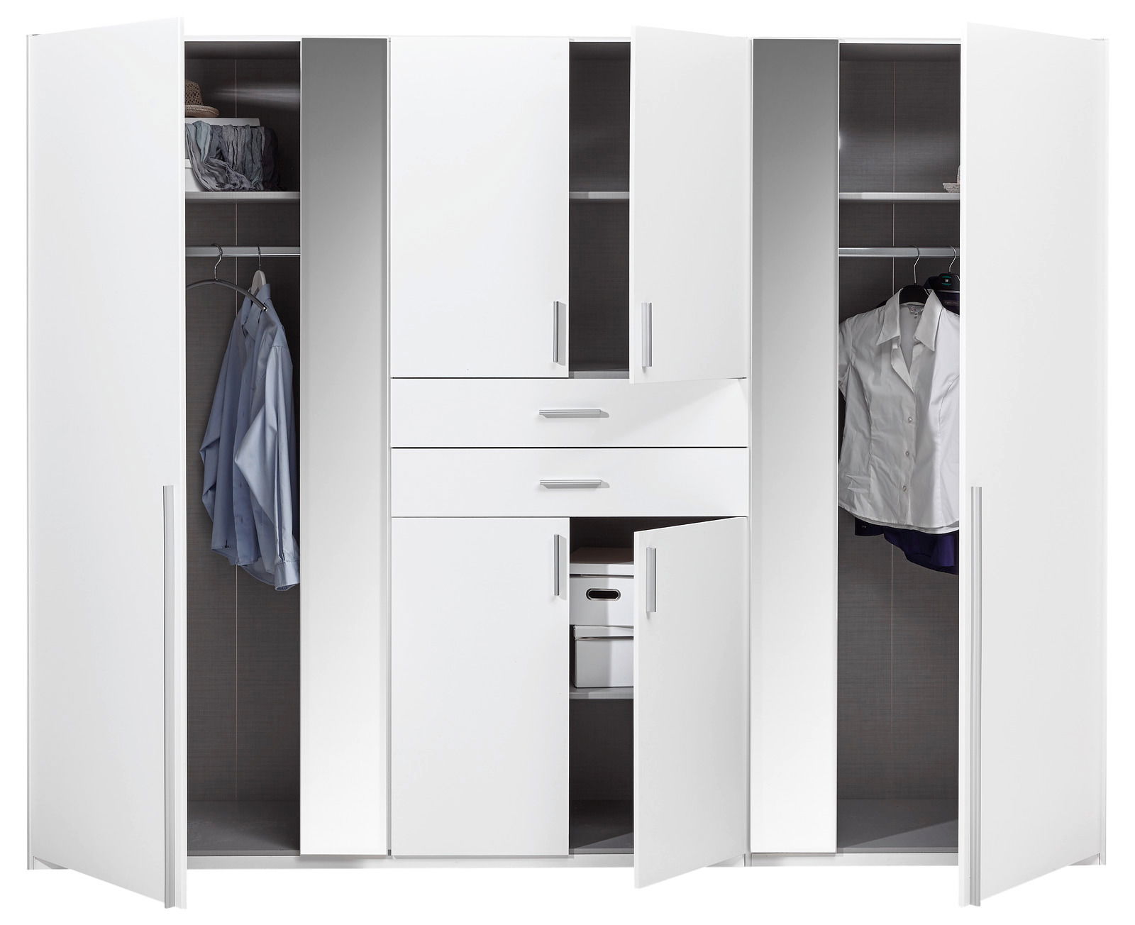 Weißer Drehtürenschrank mit sechs Türen, teilweise geöffnet, zeigt Innenfächer mit Kleidung und Schubladen, Frontalansicht