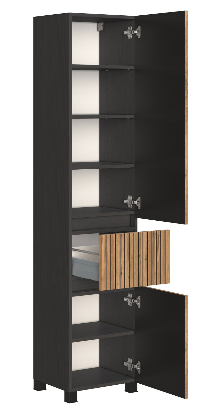 Hochschrank in dunklem Holz mit offenen Türen, mehreren Regalböden und einer Schublade, aus der Perspektive von vorne betrachtet.