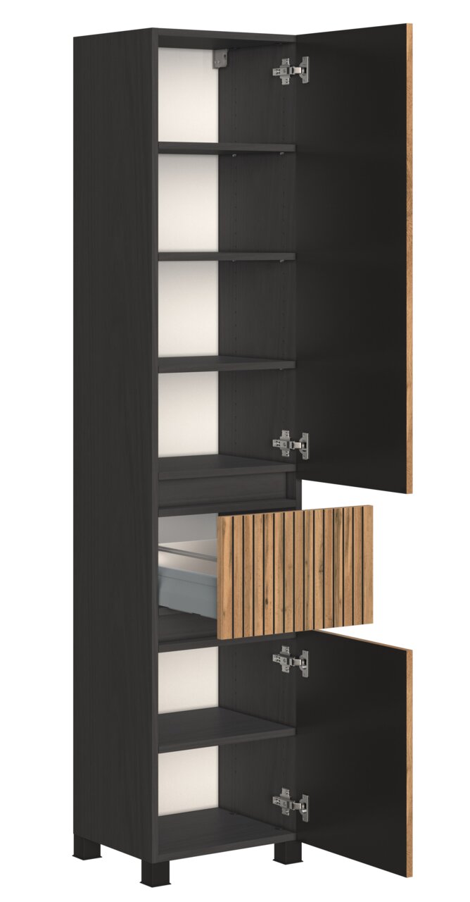 Hochschrank in dunklem Holz mit offenen Türen, mehreren Regalböden und einer Schublade, aus der Perspektive von vorne betrachtet.