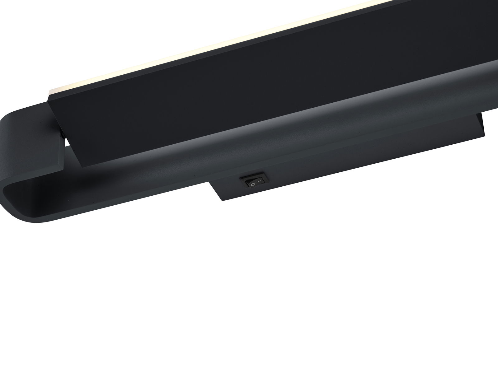 Schwarze LED-Wandleuchte BOX in seitlicher Perspektive mit Schalteransicht