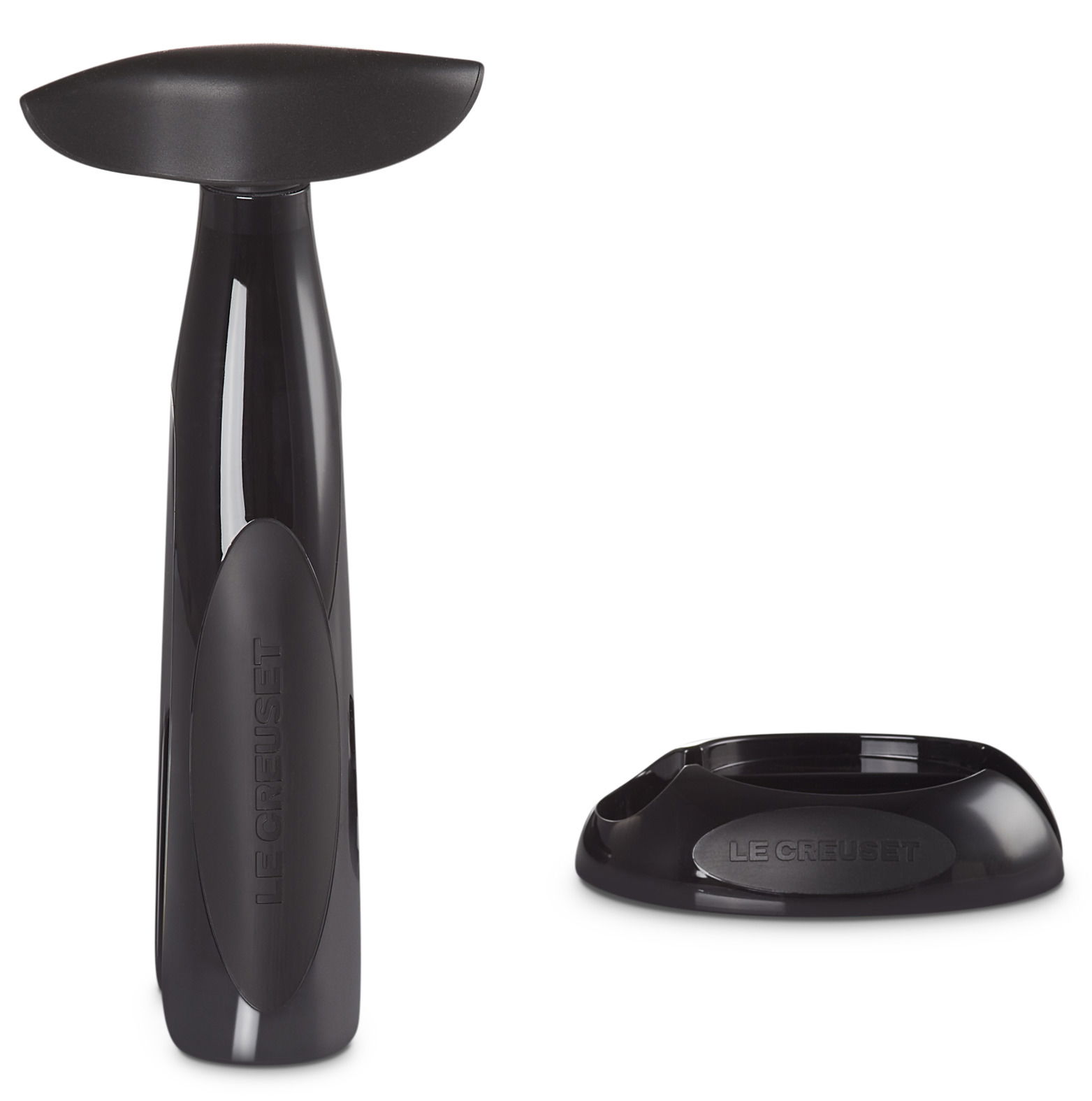 Schwarzer Korkenzieher ActivBall von Le Creuset, frontal abgebildet mit separatem Standfuß.