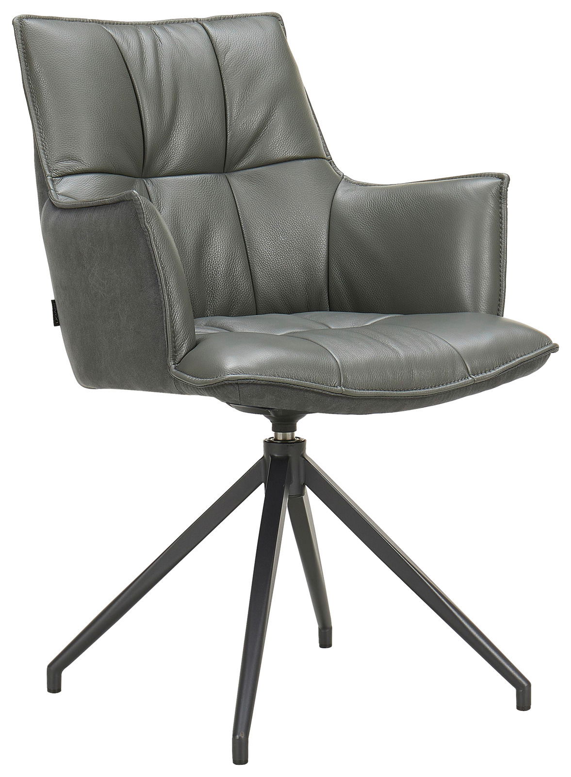 Moderner grauer Sessel mit gepolstertem Sitz und Rückenlehne, auf einem schwarzen Metallgestell, seitliche Perspektive