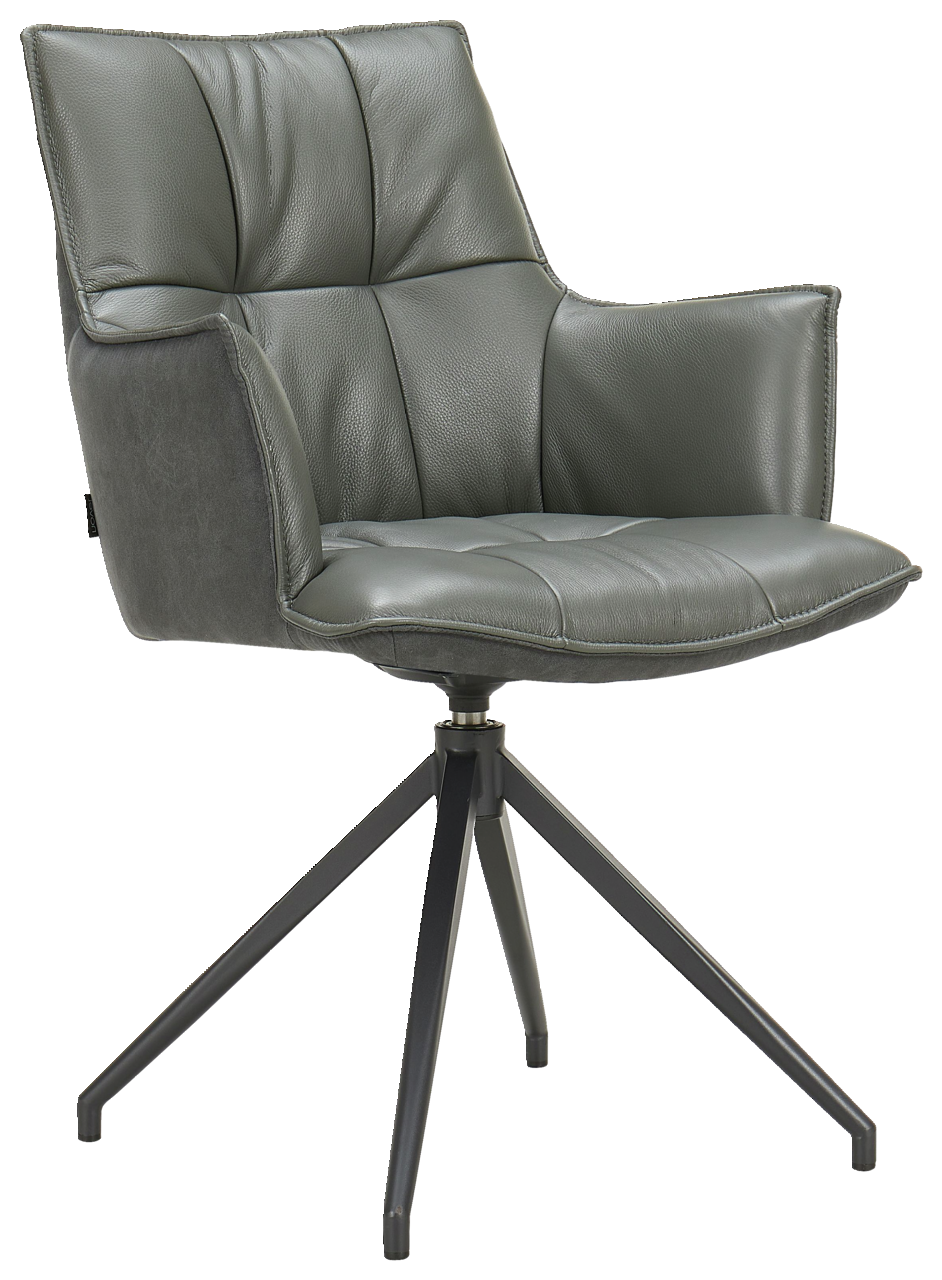 Moderner grauer Sessel mit gepolstertem Sitz und Rückenlehne, auf einem schwarzen Metallgestell, seitliche Perspektive