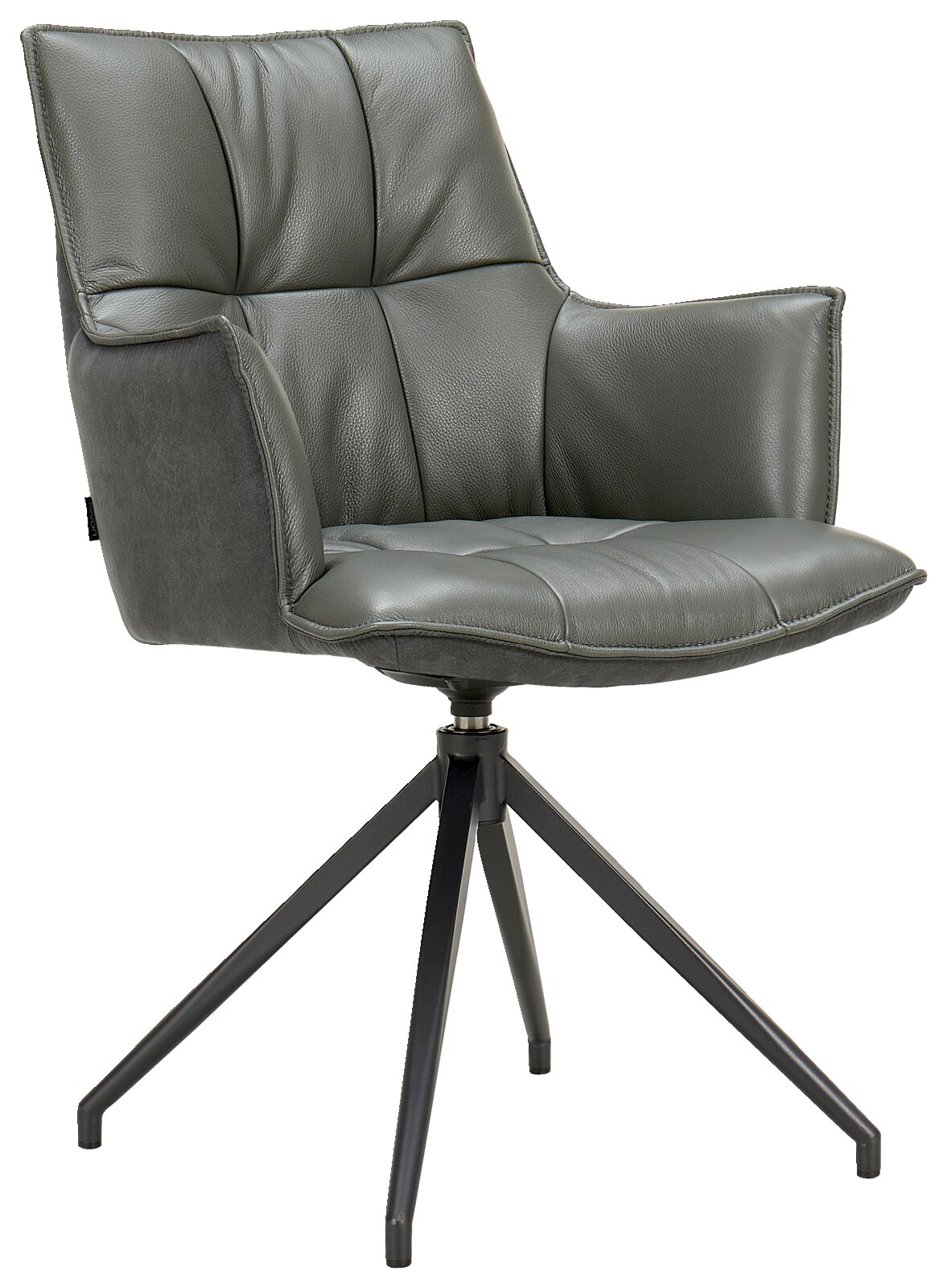 Moderner grauer Sessel mit gepolstertem Sitz und Rückenlehne, auf einem schwarzen Metallgestell, seitliche Perspektive