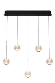 Moderne LED-Hängeleuchte mit fünf kugelförmigen, geriffelten Glasschirmen, von oben betrachtet.