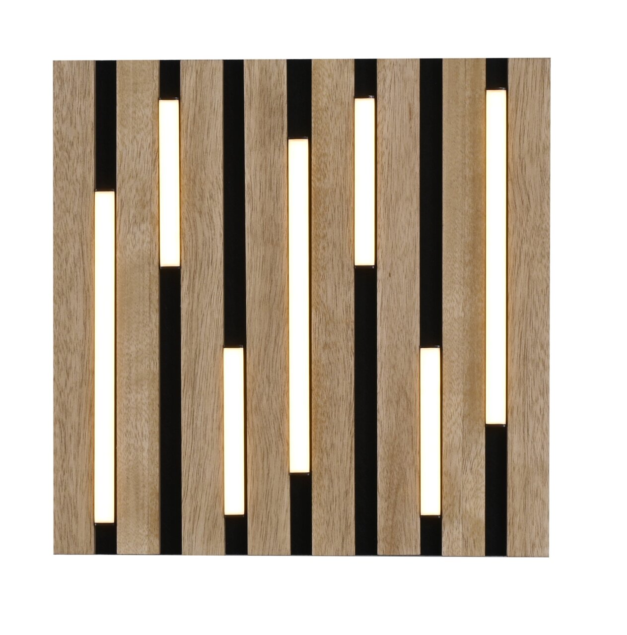Moderne Deckenleuchte aus Holz mit vertikalen Lichtstreifen, Ansicht von vorne