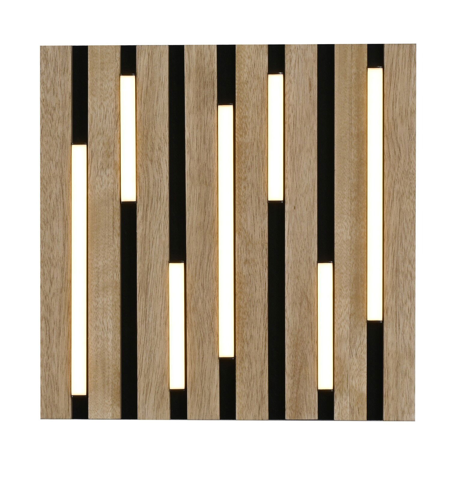 Moderne Deckenleuchte aus Holz mit vertikalen Lichtstreifen, Ansicht von vorne