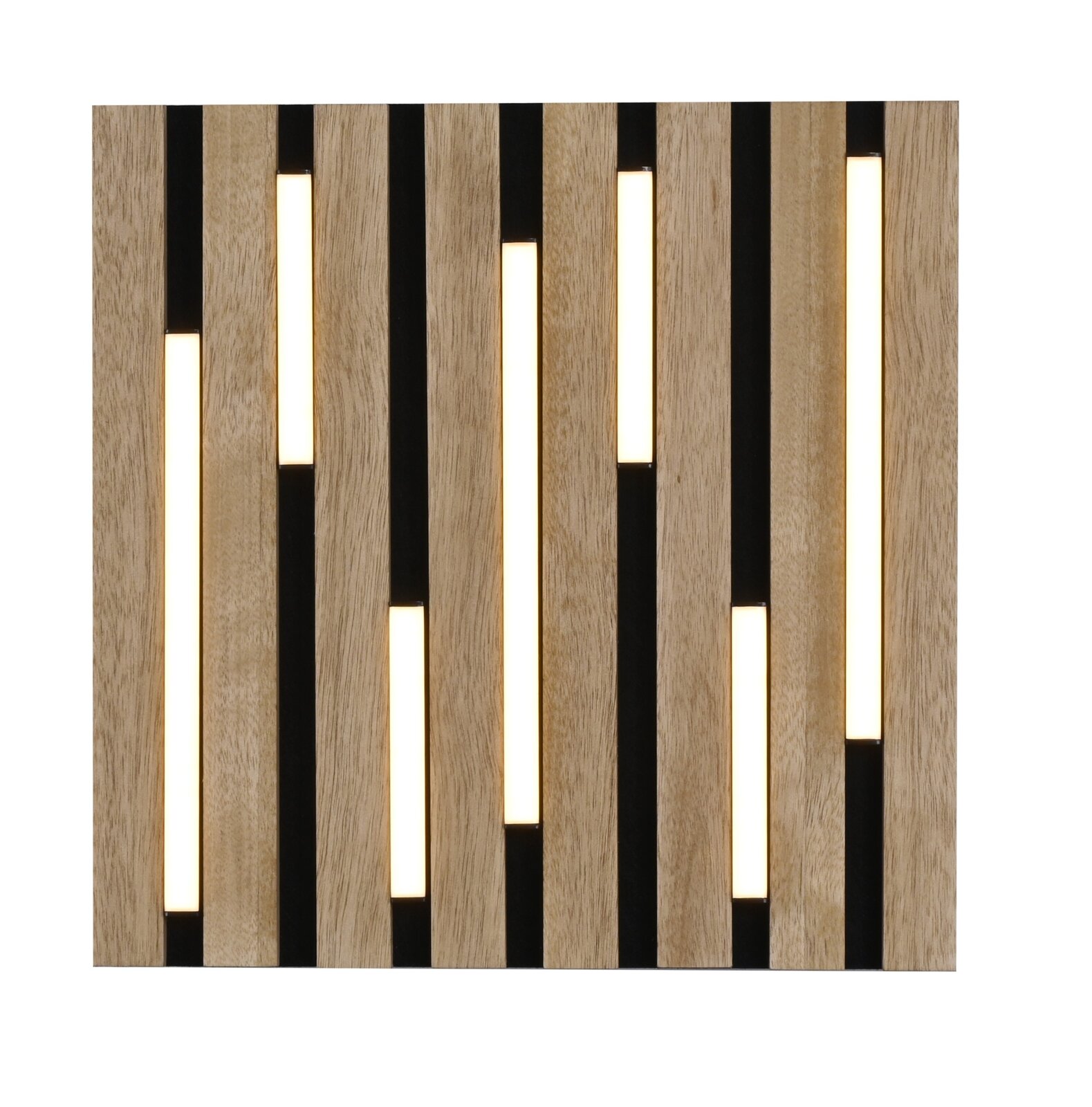 Moderne houten plafondlamp met verticale lichtstrepen, vooraanzicht
