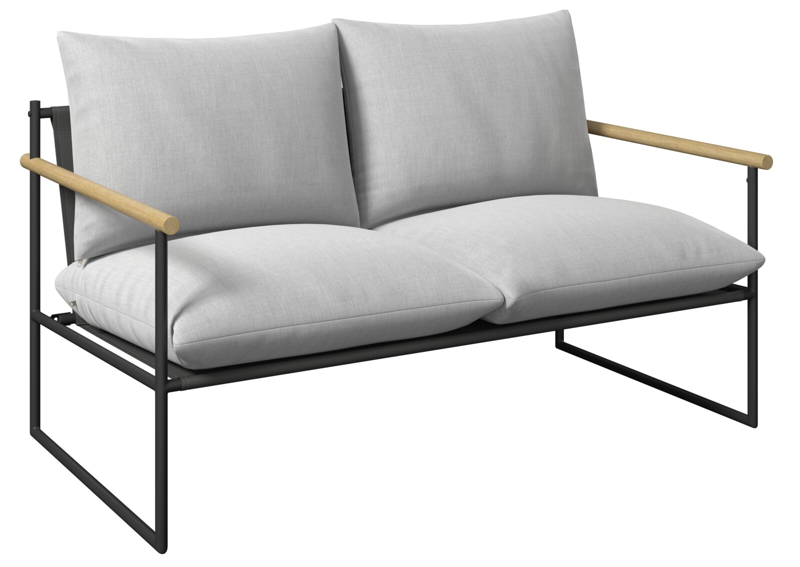 Modernes Gartenlounge-Set mit hellgrauen Kissen und schwarzem Metallrahmen, seitliche Perspektive