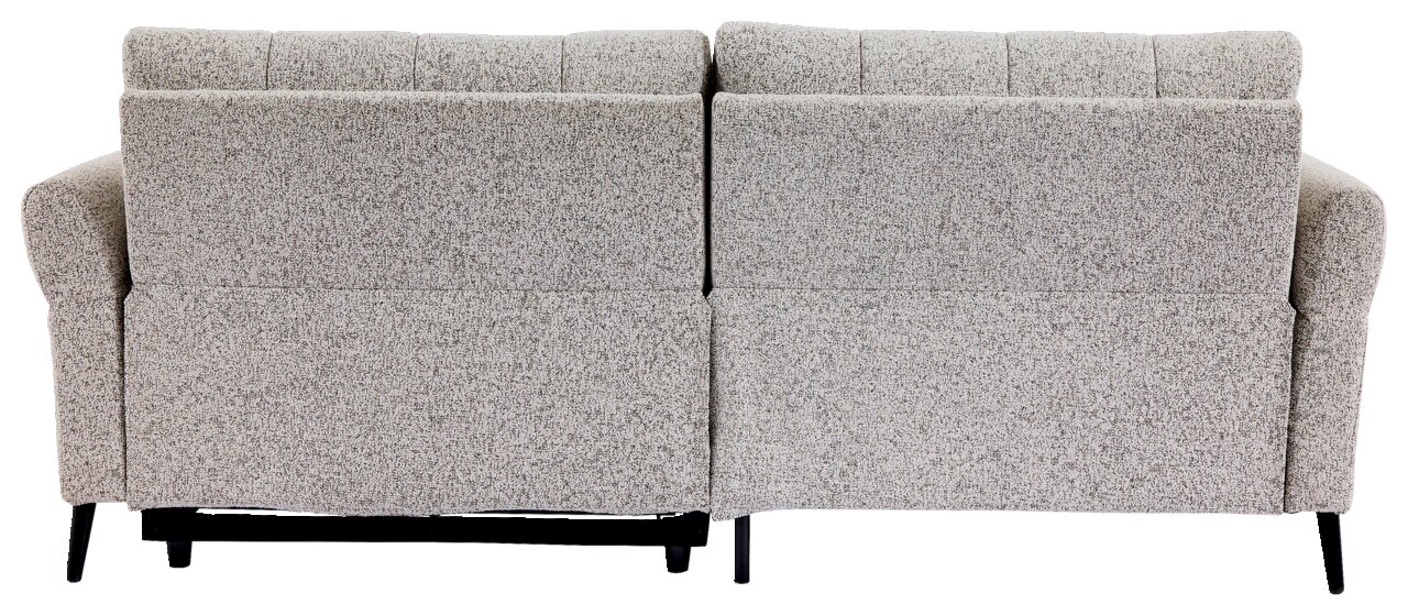 Rückansicht eines grauen Ecksofas mit zwei Rückenlehnen und schwarzen Beinen.