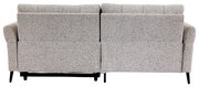 Rückansicht eines grauen Ecksofas mit zwei Rückenlehnen und schwarzen Beinen.