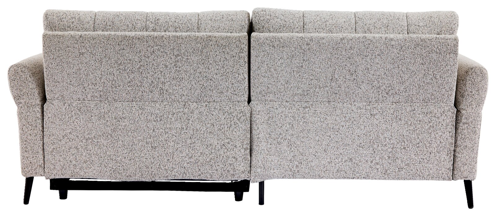 Rückansicht eines grauen Ecksofas mit zwei Rückenlehnen und schwarzen Beinen.