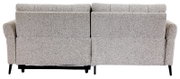 Rückansicht eines grauen Ecksofas mit zwei Rückenlehnen und schwarzen Beinen.