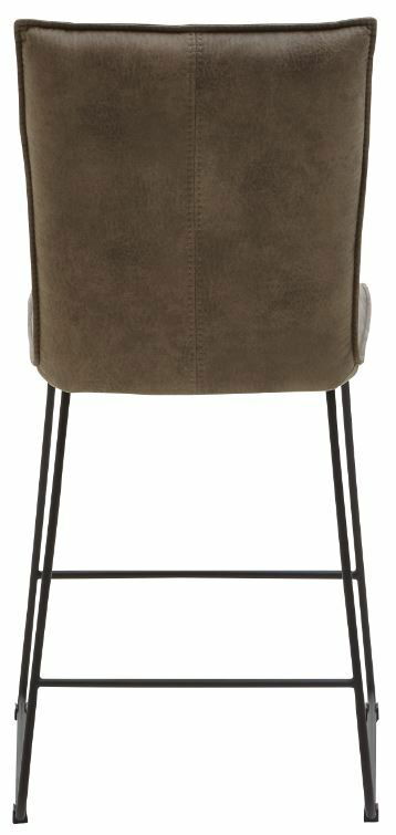 Rückansicht eines Tresenstuhls der Serie SCALA von Valnatura mit braunem Polster und schwarzem Metallgestell.