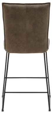 Rückansicht eines Tresenstuhls der Serie SCALA von Valnatura mit braunem Polster und schwarzem Metallgestell.