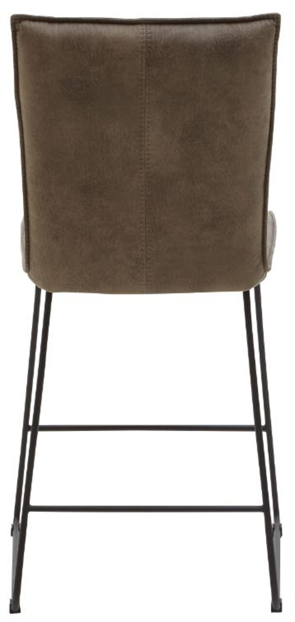 Rückansicht eines Tresenstuhls der Serie SCALA von Valnatura mit braunem Polster und schwarzem Metallgestell.