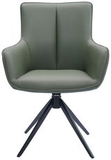 Moderner Armlehnstuhl in olivgrünem Leder mit schwarzem Metallgestell, Frontalansicht