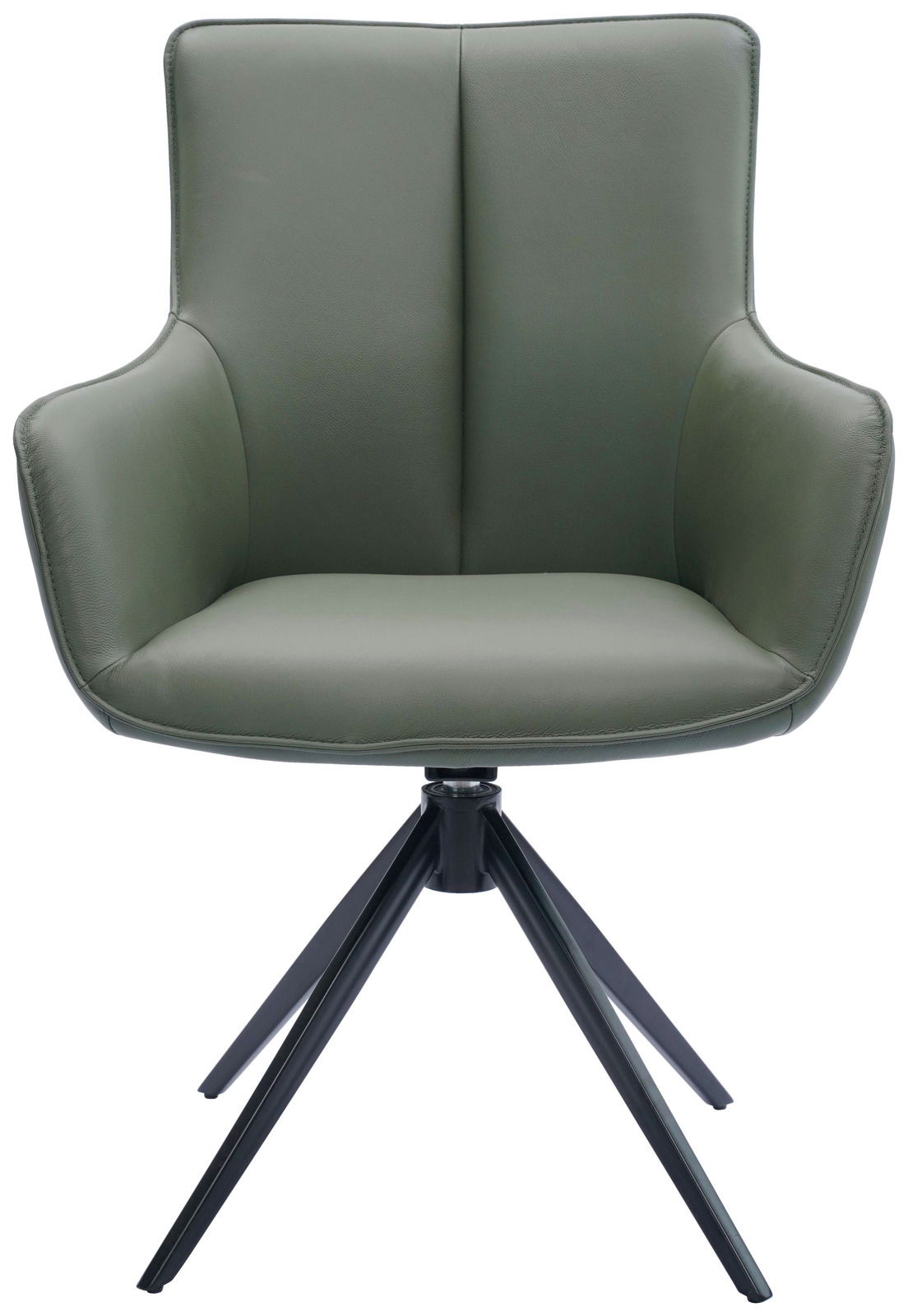 Moderner Armlehnstuhl in olivgrünem Leder mit schwarzem Metallgestell, Frontalansicht