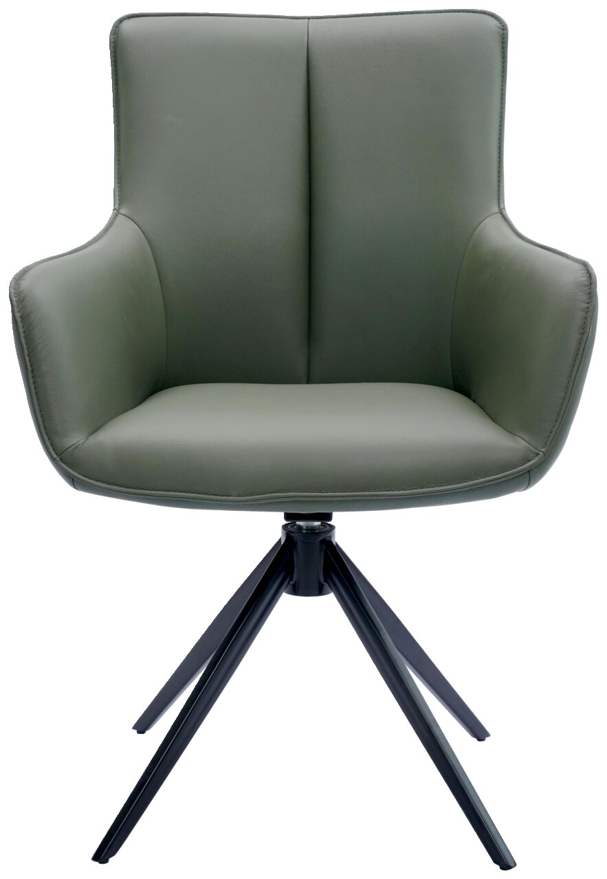 Moderner Armlehnstuhl in olivgrünem Leder mit schwarzem Metallgestell, Frontalansicht