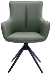 Moderner Armlehnstuhl in olivgrünem Leder mit schwarzem Metallgestell, Frontalansicht