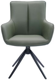 Moderner Armlehnstuhl in olivgrünem Leder mit schwarzem Metallgestell, Frontalansicht