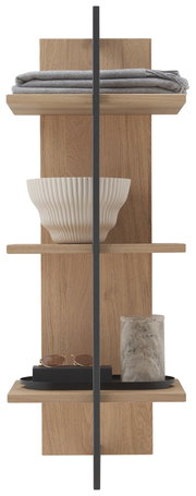Frontale Ansicht eines modernen Wandregals aus Holz mit drei Ablagen, dekoriert mit einer gefalteten Decke, einer weißen Schale und Accessoires.