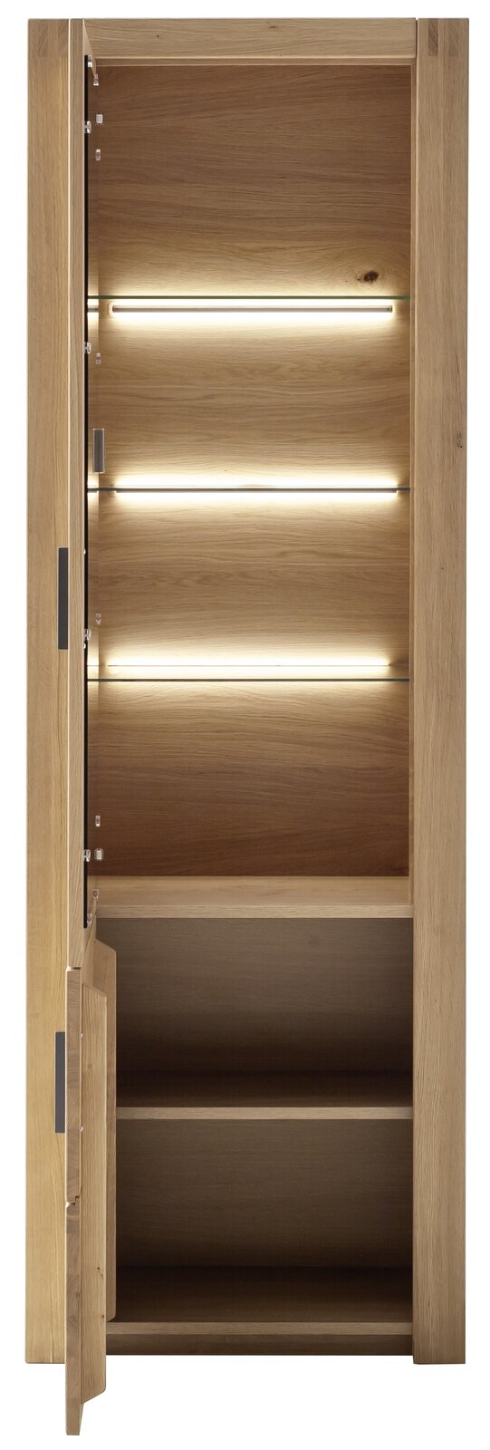 Vitrine aus Holz mit Glaseinlegeböden und integrierter Beleuchtung, frontal betrachtet.