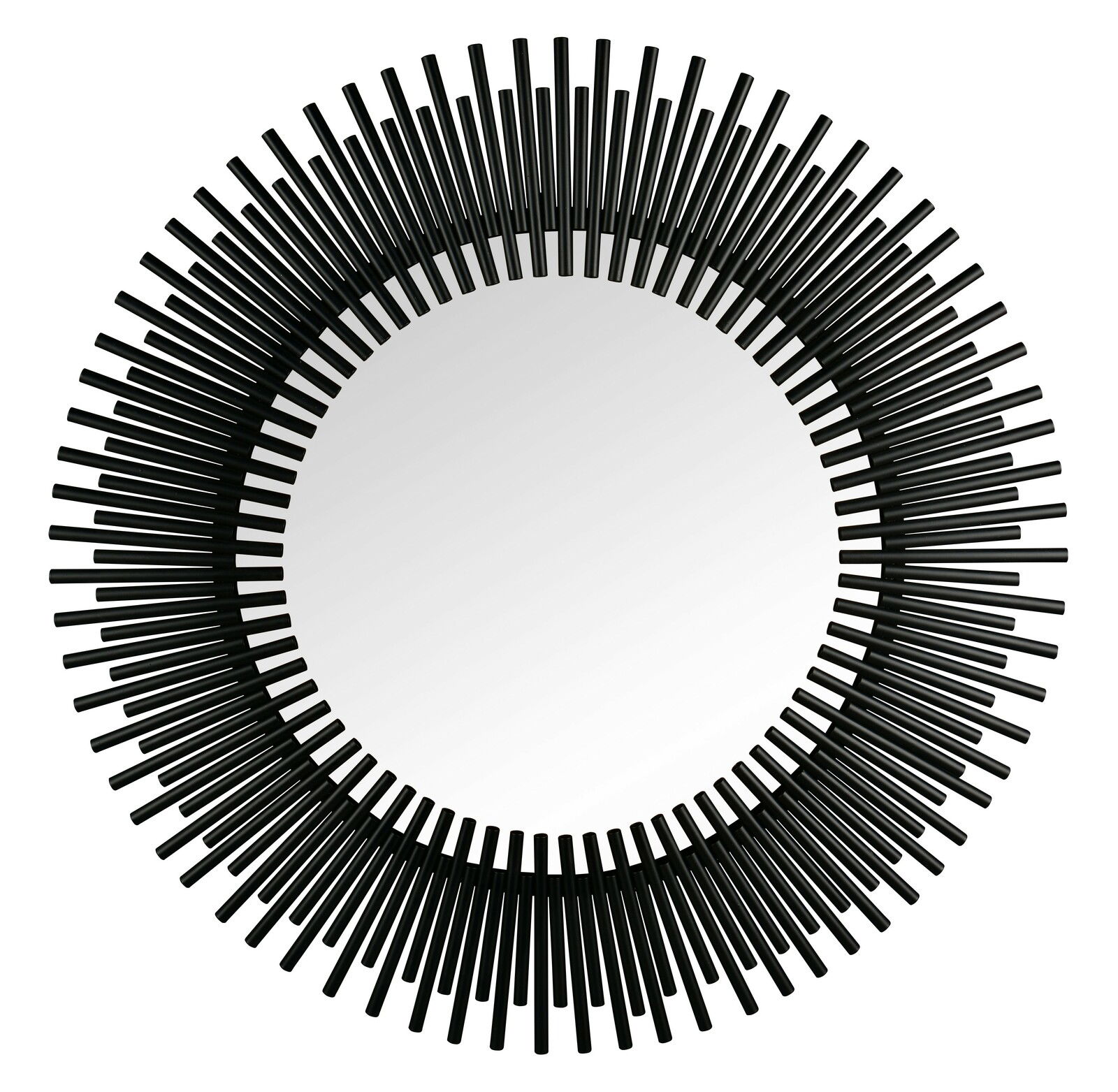 Runder Spiegel mit einem Durchmesser von 110 cm, umgeben von einem dekorativen schwarzen Rahmen aus strahlenförmig angeordneten Stäben, aus der Frontalperspektive.