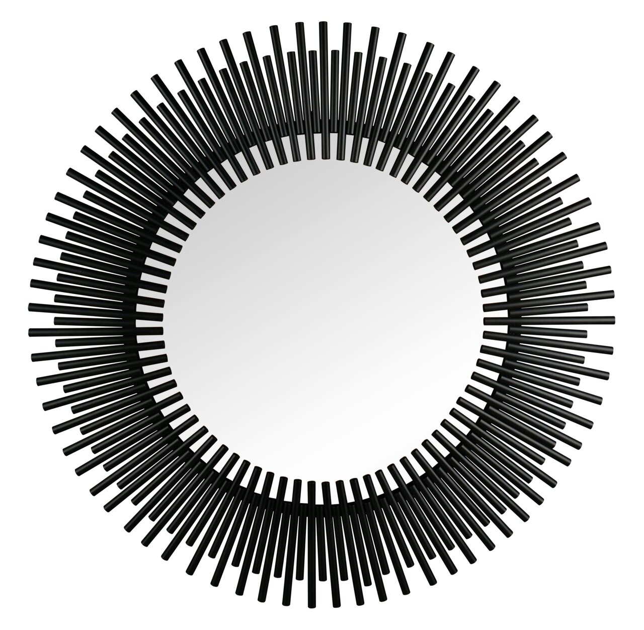 Runder Spiegel mit einem Durchmesser von 110 cm, umgeben von einem dekorativen schwarzen Rahmen aus strahlenförmig angeordneten Stäben, aus der Frontalperspektive.