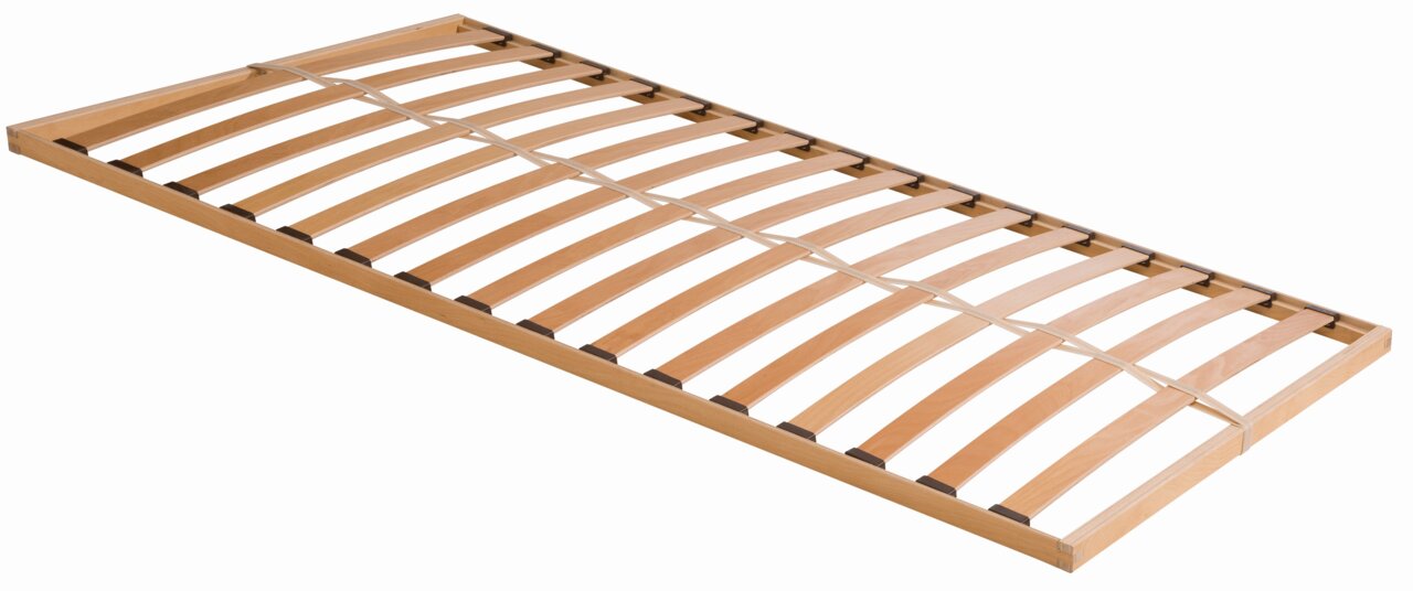 Federholzrahmen aus Holz in schräger Perspektive, zeigt die elastischen Holzlatten und den stabilen Rahmen.